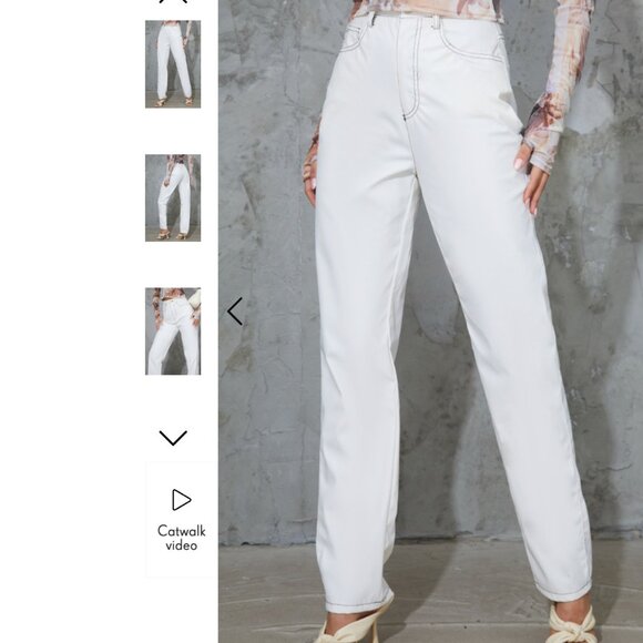 *Pretty Little Thing White Faux Leather Contrast Stitch Straight Leg Pants - Picture 3 of 10
